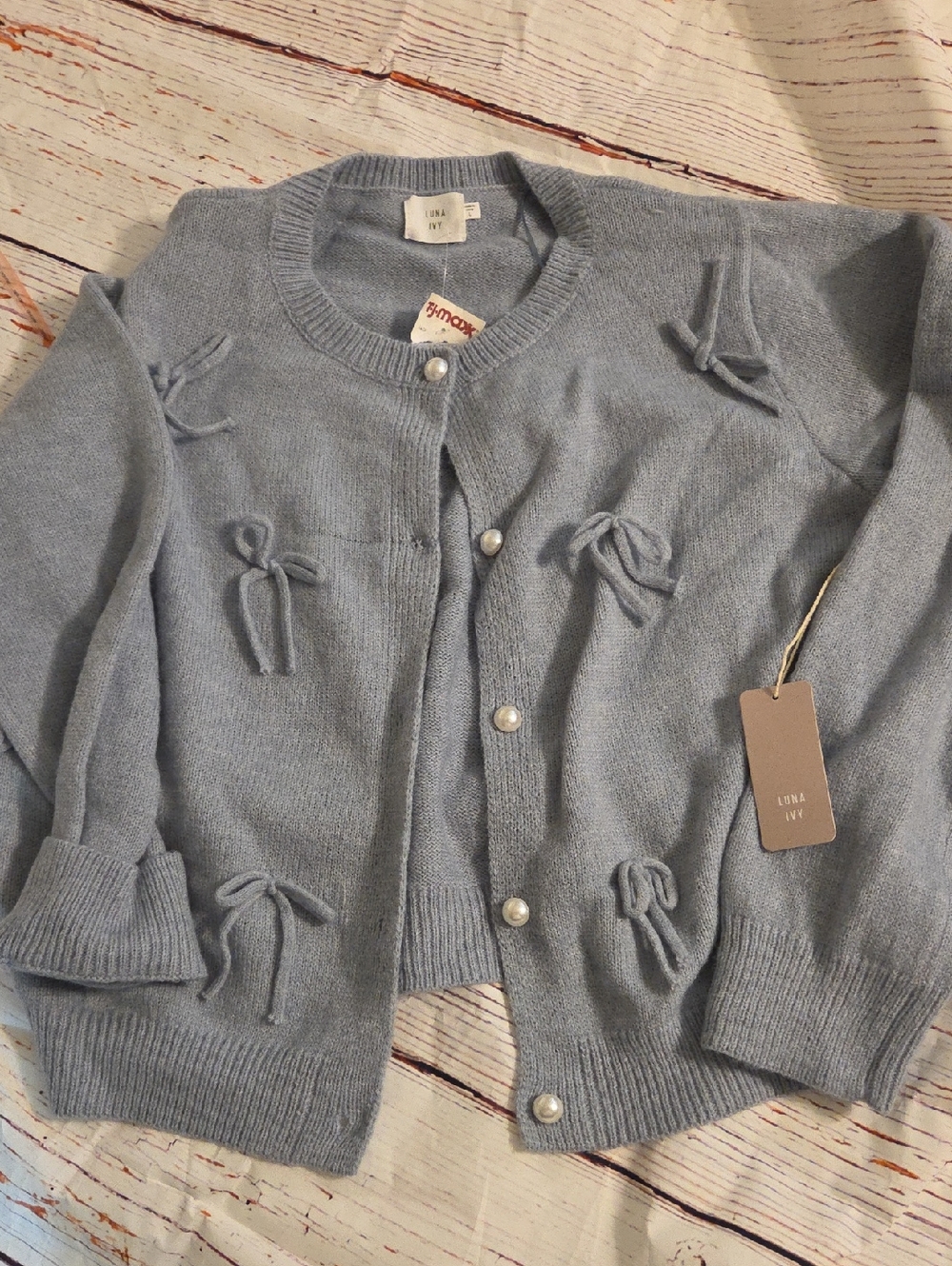 Luna IVY Light Blue Bow-Accent Knit Cardigan Sweater
